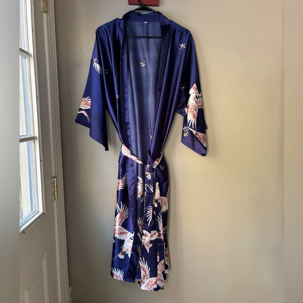 Elegant Japanese Style Navy Bird Print Robe NEVER WORN M
